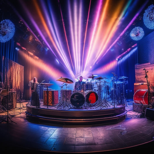 A vibrant stage lights up with a fusion of rock band instruments and show choir performers, surrounded by swirling patterns of music notes and spotlights, evoking high-energy performance and musical fusion.