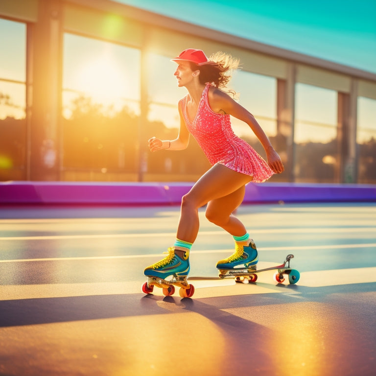 A solitary roller skater in mid-stride, surrounded by a blurred background of a vibrant, sun-kissed outdoor roller skating rink, with a subtle sparkle on their wheels and a confident, determined expression.