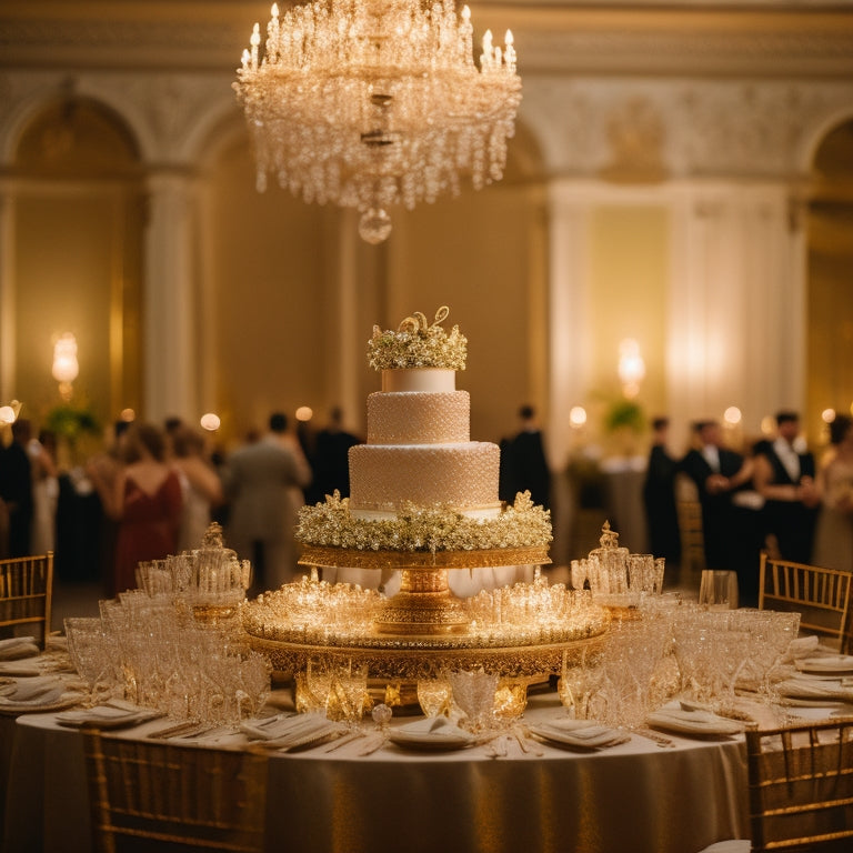 A warm, golden-lit ballroom with a crowd of joyful guests, a stunning wedding cake, and a sparkling dance floor, surrounded by lush greenery and elegant candelabras.