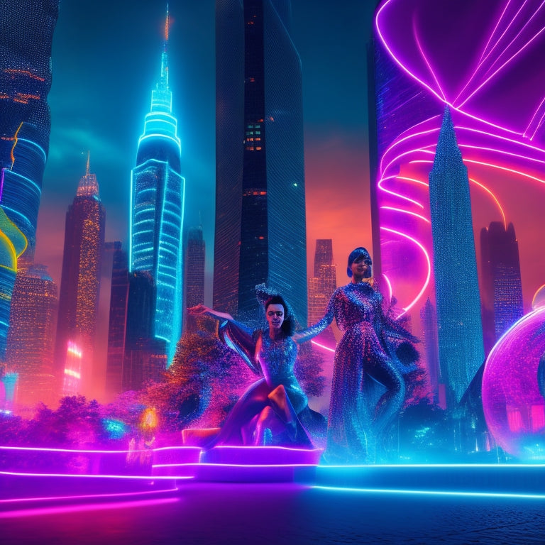 Vibrant, neon-lit cityscape at dusk with 3D holographic dancers, clad in shimmering attire, suspended mid-air, surrounded by swirling lights and futuristic architecture.