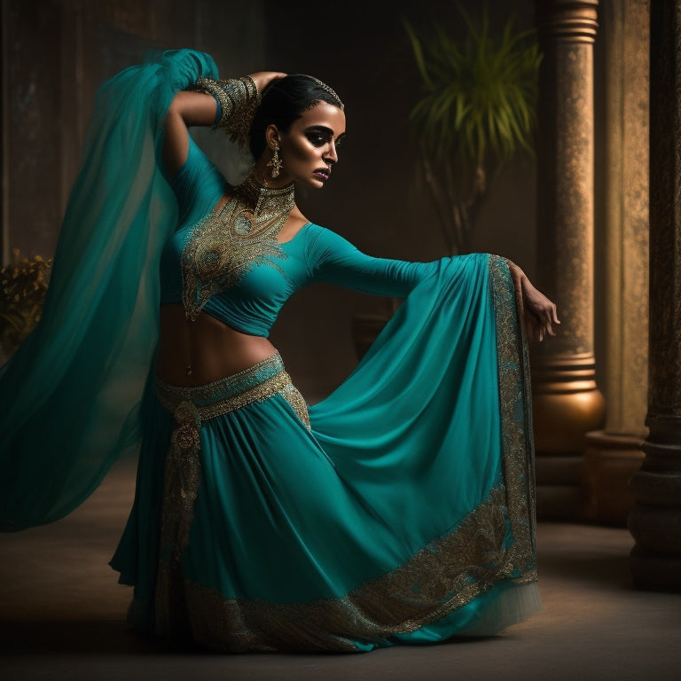 A serene, dimly lit studio with a lone dancer in a flowing, turquoise skirt, hands adorned with golden bracelets, posing in a graceful, back-bending posture, surrounded by Middle Eastern-inspired patterns.