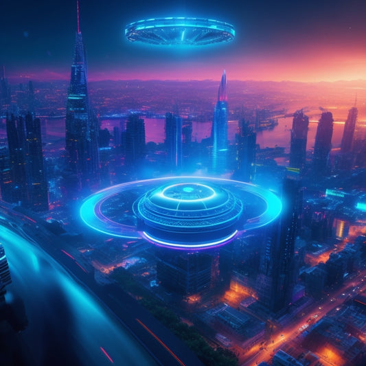 A futuristic, neon-lit cityscape with sleek skyscrapers and holographic screens displaying fragmented blueprints, gears, and clockwork mechanisms, surrounded by orbiting drones and bursting fireworks.