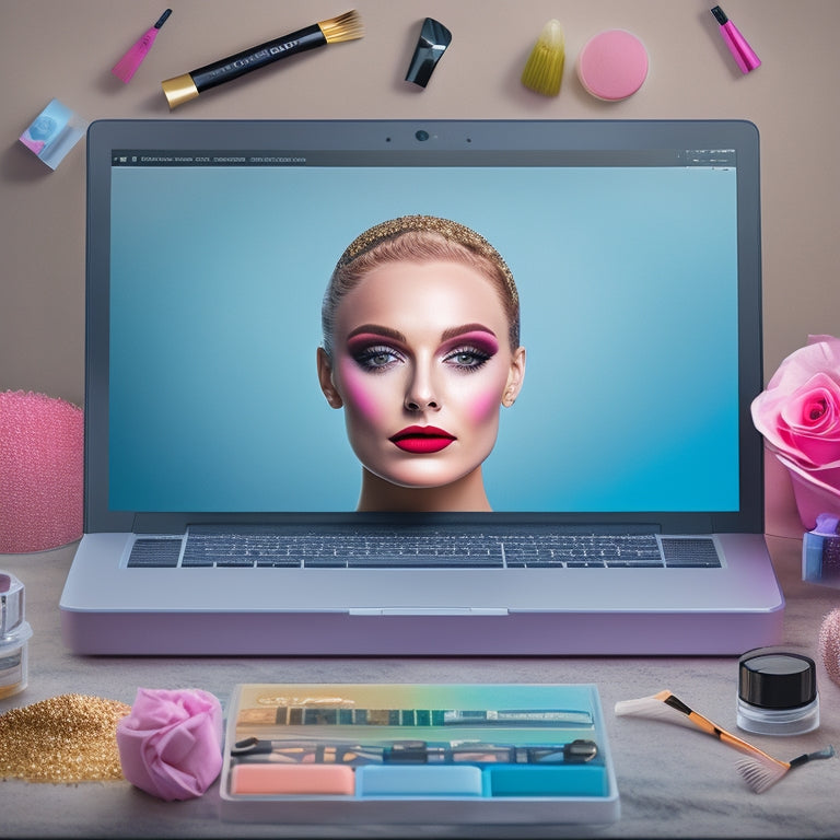 A whimsical illustration of a ballet dancer's face, split-screen with a blank canvas, surrounded by scattered makeup brushes, palettes, and a laptop with a downloadable guide open on the screen.