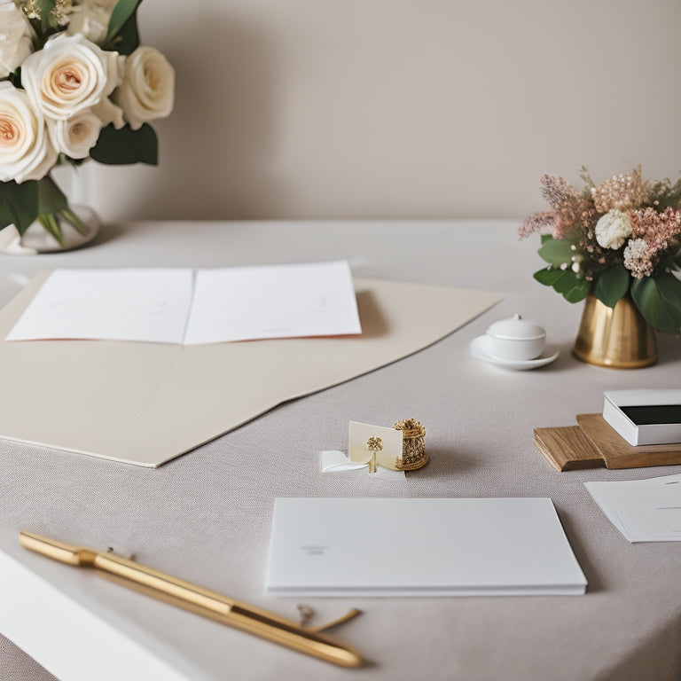 A serene, minimalist illustration of a wedding planning desk with a laptop, a few scattered flowers, and a tidy stack of papers with checkboxes, surrounded by a subtle, soft-focus wedding veil.