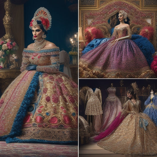 A kaleidoscope of colorful fabrics, sparkly embellishments, and intricate designs swirl together, surrounded by sewing machines, mannequins, and glamorous accessories, evoking the magic of custom competition costumes.