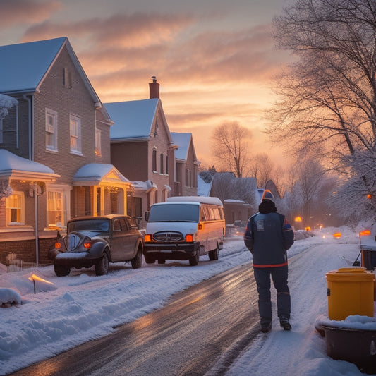 A warm-lit, snow-covered Fort Wayne residential street at dusk, with a technician in a bright orange vest and a furnace in the foreground, surrounded by tools and a company van.