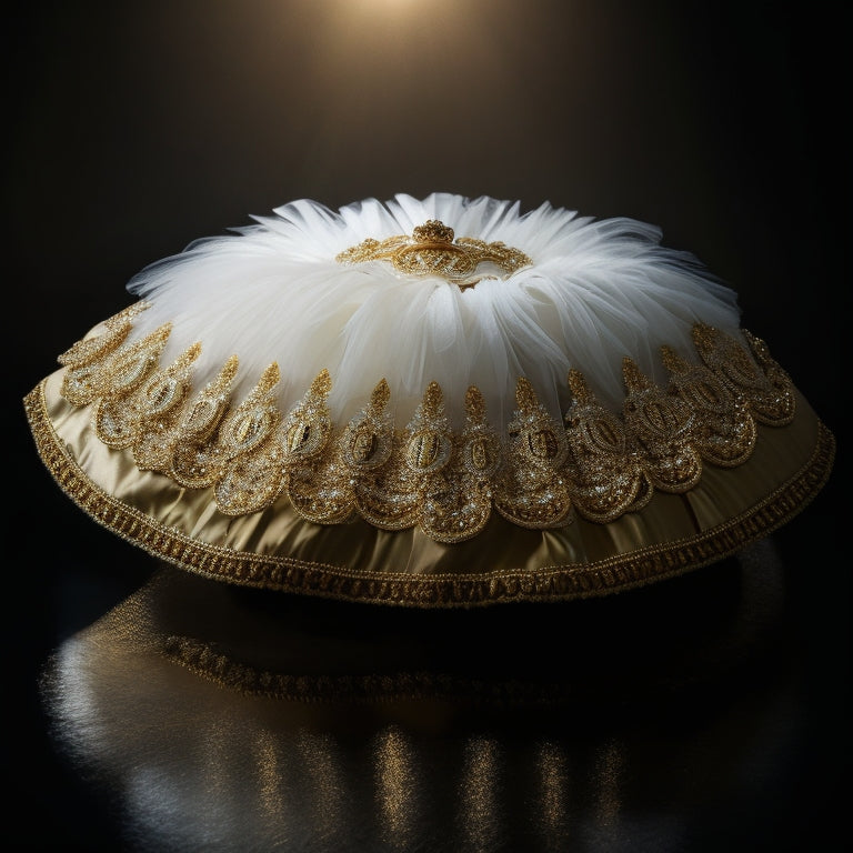 A delicate, ivory-hued ballet tutu crafted from luxurious Bengaline fabric, adorned with intricate, beaded embroidery, set against a soft, velvety black background, with subtle, golden lighting.