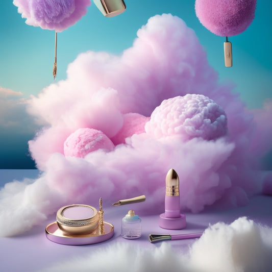 A whimsical, ethereal background with swirling clouds of pastel hues, surrounded by scattered makeup brushes, glittering eyeshadows, and a few strategically placed mirrors reflecting Aniruddha Chakladar's imaginative creations.