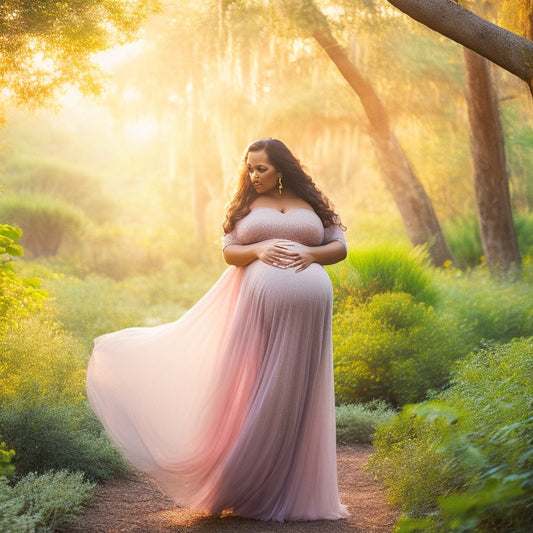 A serene, pregnant woman in a flowing, pastel-hued gown, gently swaying to the rhythm, surrounded by lush greenery, with a subtle, golden light illuminating her joyful, empowered expression.
