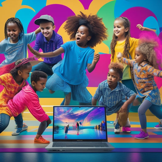 A vibrant illustration of diverse kids (ages 6-12) in a virtual dance studio, surrounded by laptops and tablets, dancing together in sync, showcasing various exotic moves from around the world.