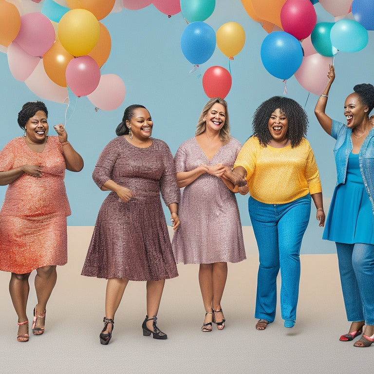 A stylized illustration of a group of diverse mom friends in various dance poses, surrounded by colorful confetti and balloons, with a subtle sparkle effect in the background.