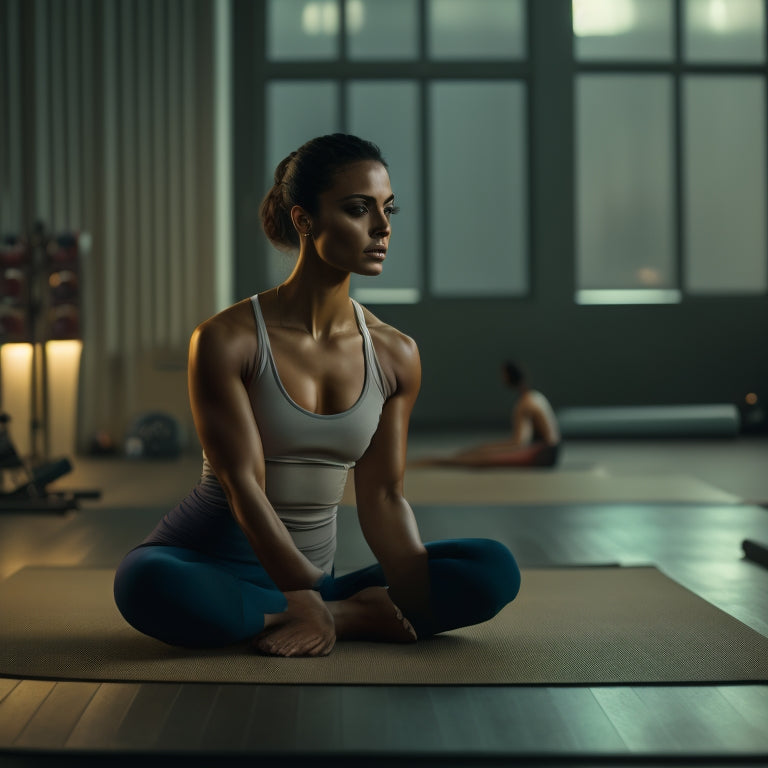 A serene, dimly lit athletic studio with a lone figure, a young adult in athletic wear, stretching on a yoga mat, surrounded by scattered exercise equipment, with a calm, natural color palette.