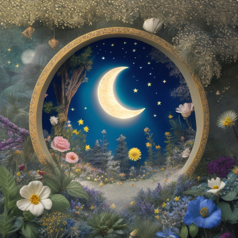 Whimsical illustration of a magical forest, featuring a crescent moon, twinkling stars, and vibrant flowers, surrounded by framed nostalgic artwork, set against a soft, creamy beige background.