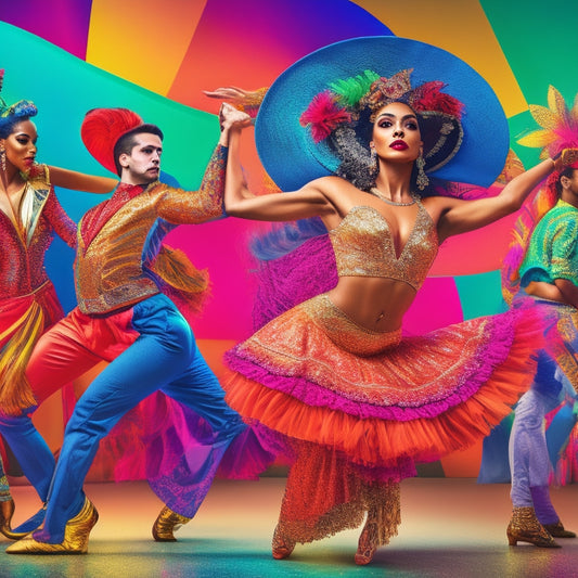 A vibrant, dynamic illustration featuring a diverse group of dancers in various Latin dance styles, showcasing different outfits and accessories, set against a bold, colorful background with subtle rhythmic patterns.