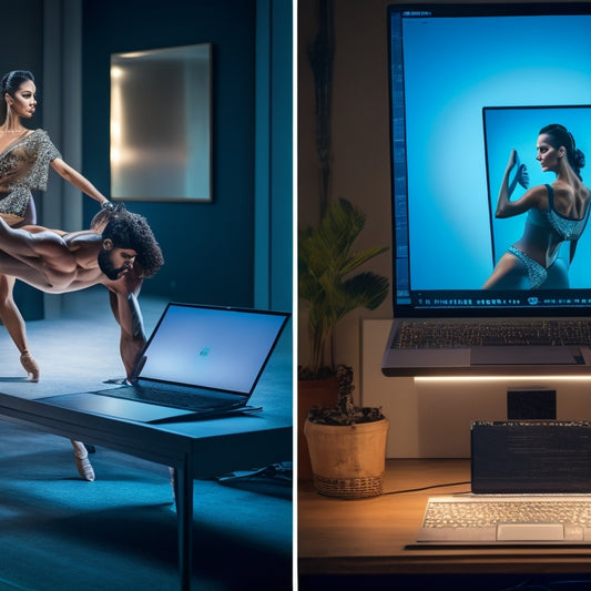 A split-screen image featuring a dancer in a modern studio on one side, surrounded by laptops and tablets with online course screens, and a mirror reflection of the same dancer in perfect pose on the other side.