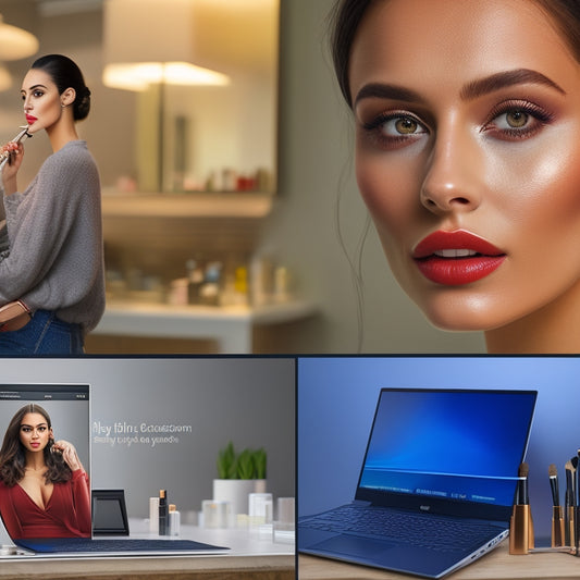 A split-screen image featuring a beautifully made-up model on one side and a laptop with a virtual classroom on the screen on the other, surrounded by makeup brushes and cosmetic products.