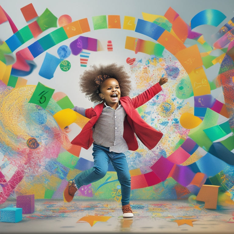 A colorful illustration depicting a happy, dancing child surrounded by swirling math symbols and subtracted numbers, with a subtle background of worksheets and pencils.