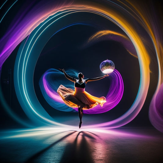 A darkened dance studio with a lone, illuminated dancer in mid-leap, surrounded by a swirling vortex of colorful, glowing motion trails and suspended, pulsing orbs that react to their movements.