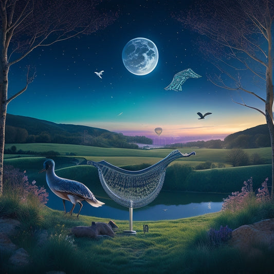 A whimsical illustration of a traditional Welsh countryside scene at dusk, featuring a harpist surrounded by fluttering birds and Celtic knotwork patterns, with a subtle faint glow of twinkling stars above.