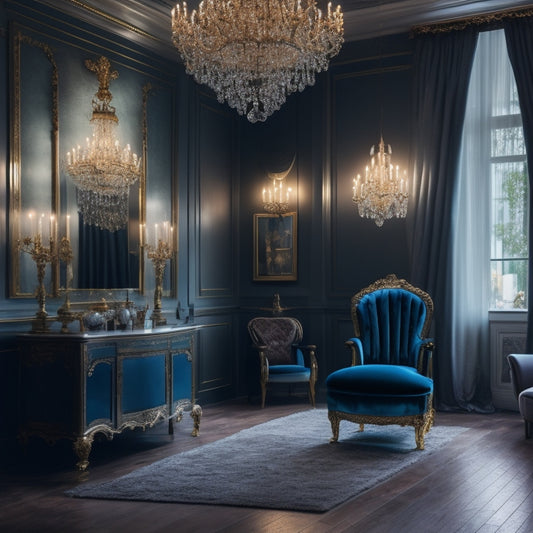 A serene, dimly lit beauty salon interior with a plush, velvet armchair, ornate gold accents, and a stunning crystal chandelier suspended from a high, vaulted ceiling.