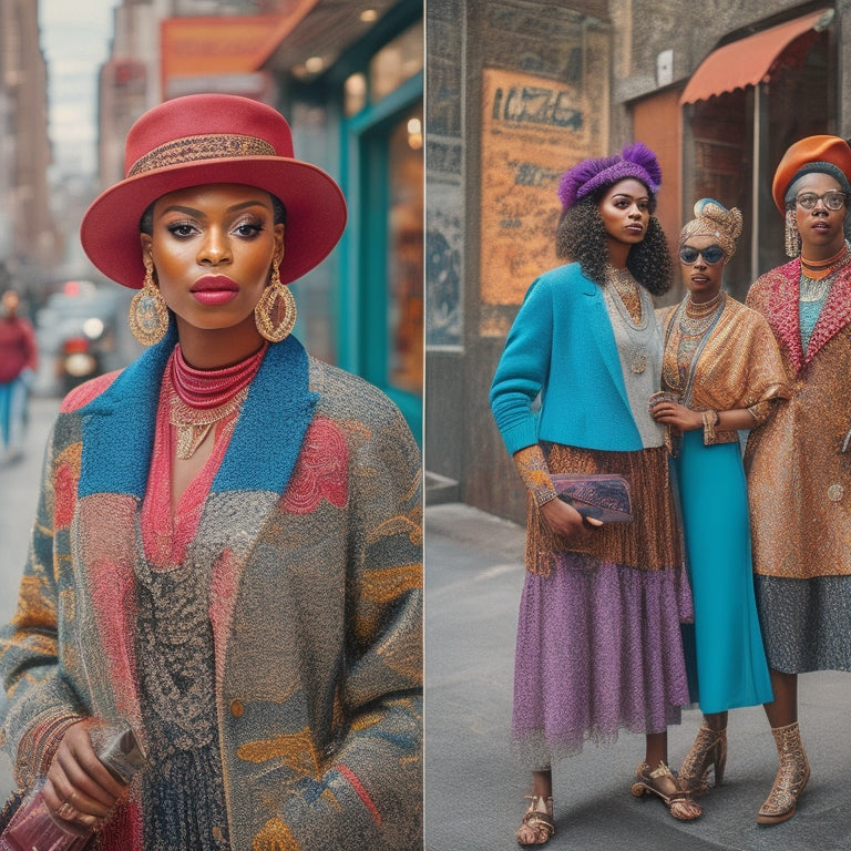 A vibrant street scene showcasing diverse models wearing eclectic outfits that blend traditional and modern styles, featuring rich patterns, textures, and colors, surrounded by urban art and multicultural influences in the background.
