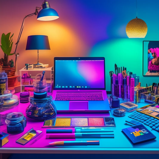 A colorful illustration of a dance makeup artist's workspace, featuring a clutter-free vanity with a laptop, a calendar, and various makeup tools, surrounded by dancing silhouettes in the background.