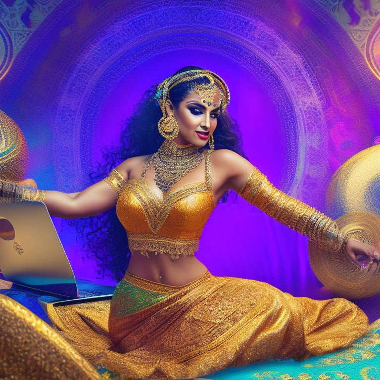 A vibrant, swirling illustration of a belly dancer in mid-motion, surrounded by musical notes, headphones, and a laptop, set against a warm, golden background with intricate Middle Eastern patterns.