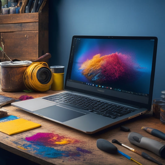 A digital canvas with a paintbrush and a laptop merged together, surrounded by artistic tools and scattered paint swatches, with a subtle glow emanating from the laptop screen.