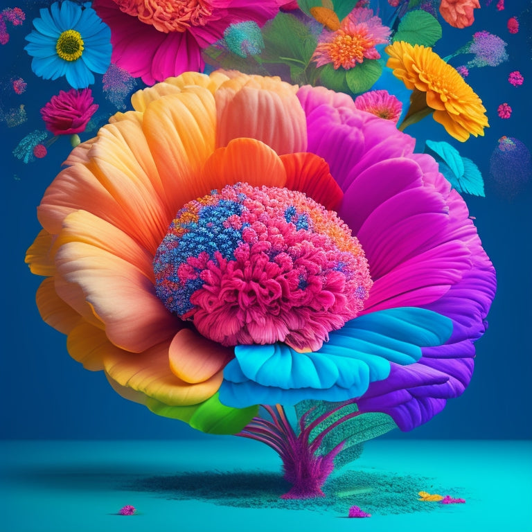 A vibrant, stylized illustration of a person's brain transforming into a blooming flower, with colorful petals and swirling, abstract shapes in the background, symbolizing creative growth.