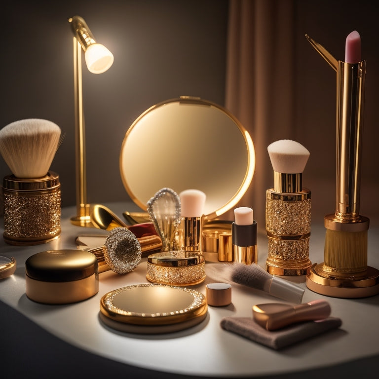 A glamorous, golden-lit vanity cluttered with makeup brushes, compacts, and tubes, with a stunning, spotlight-lit Esme in the center, surrounded by a halo of soft, shimmering light.