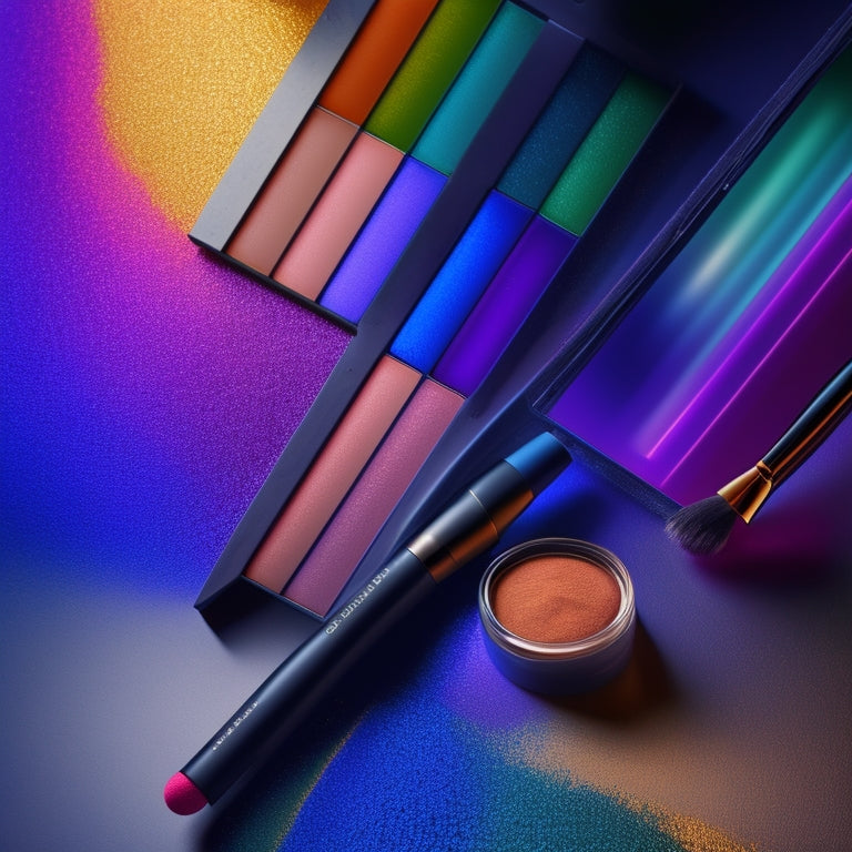 A colorful, abstract background featuring a subtle makeup brush stroke pattern, with a minimalist, sleek makeup palette and a few strategically placed, shimmering eyeshadows at its center.