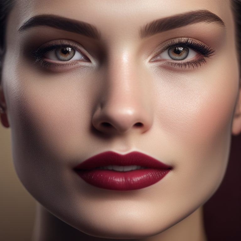 A stunning, close-up portrait of a woman's face, featuring flawless, porcelain-like skin, subtle, defined brows, and a bold, crimson lip, set against a creamy, neutral background.