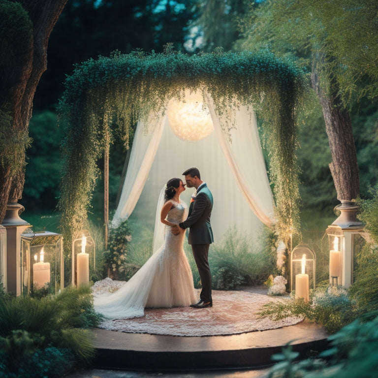 A serene, moonlit garden scene with a elegant, lace-draped wedding arch, adorned with soft, glowing candles and lush greenery, set against a warm, golden sunset background.