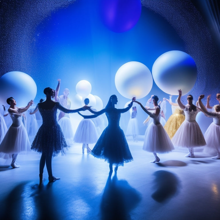 A darkened room filled with suspended, glowing orbs of various sizes, surrounded by dancers in flowing white attire, their movements captured in mid-air, amidst a kaleidoscope of colorful lights and shadows.