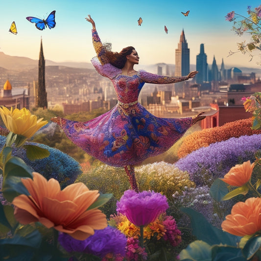 A whimsical illustration of a dancing figure, surrounded by colorful flowers, vines, and butterflies, with a subtle cityscape or landscape in the background, conveying freedom and joy.