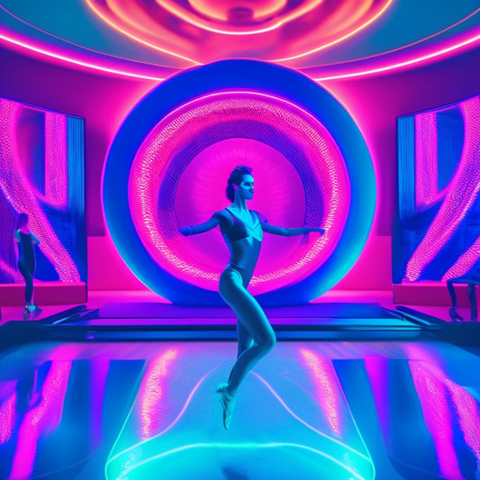 A futuristic, neon-lit dance studio with a mirrored wall, where a dancer in a sleek black leotard stands in front of a futuristic, holographic makeup display, surrounded by swirling digital brushstrokes.