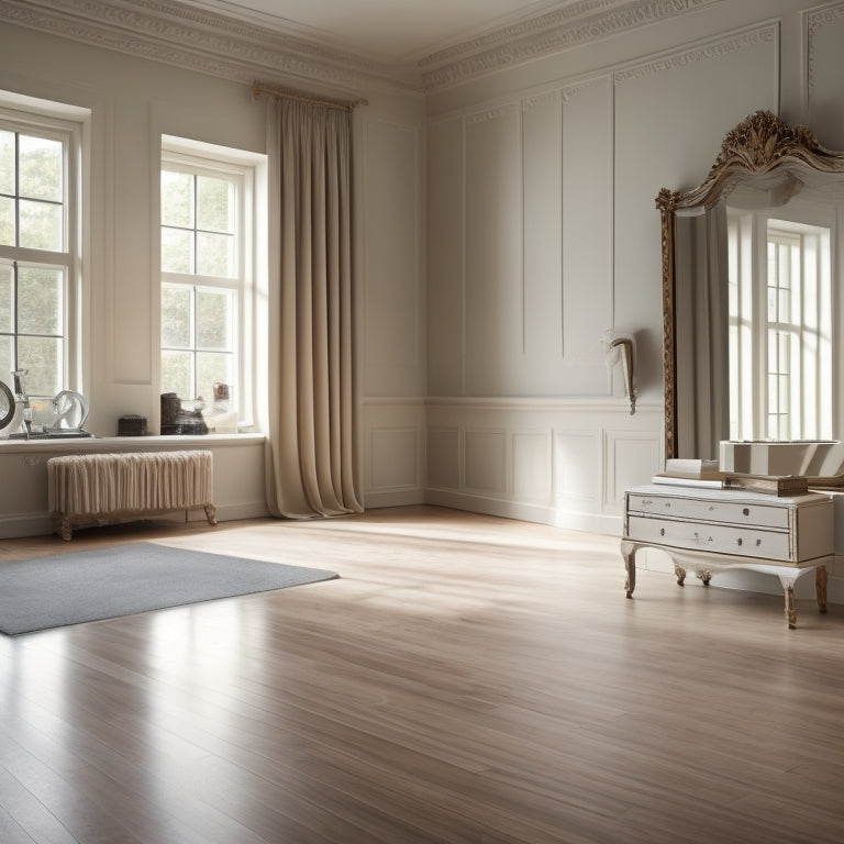 A serene, well-lit room with a wooden floor, a large mirror, and a ballet barre against a soft, pastel-colored wall, with a few scattered ballet shoes and a delicate music box playing softly in the background.