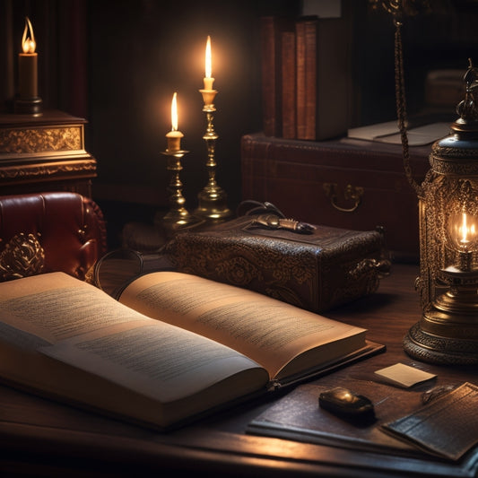 A dimly lit, ornate antique desk with a single, leather-bound book lying open, surrounded by scattered papers, quills, and a lantern, casting a warm, golden glow.