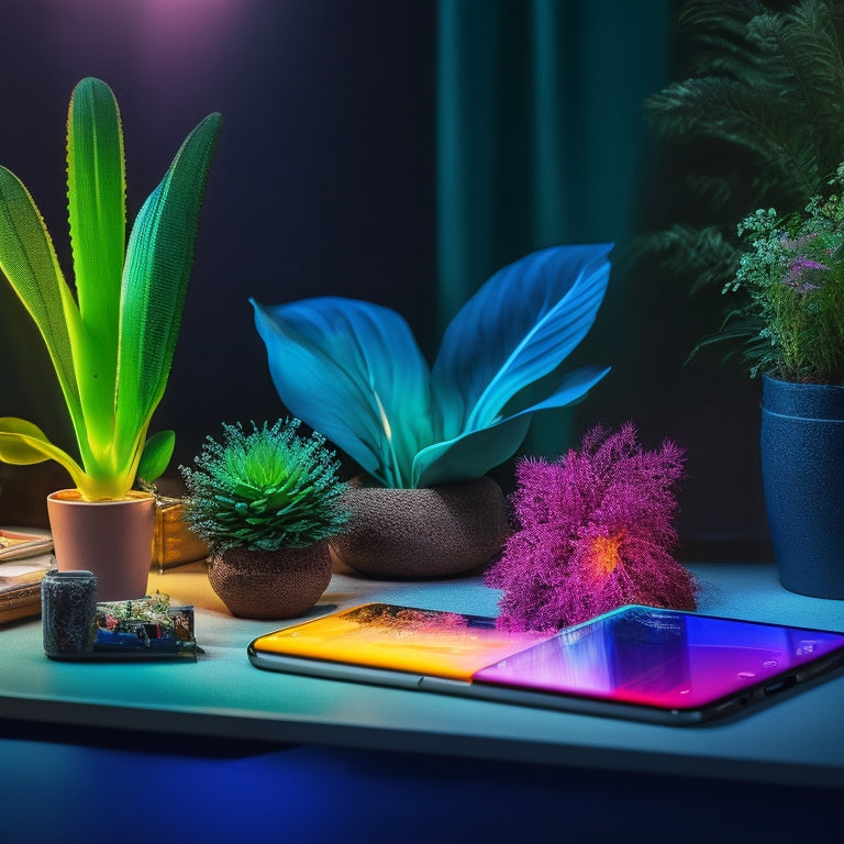 A vibrant scene showcasing a smartphone illuminated by colorful LED lights, casting dynamic shadows on a textured surface, surrounded by creative props like plants and art supplies, capturing the essence of mobile content creation.