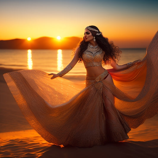A mesmerizing illustration of a belly dancer in a flowing, shimmering costume, surrounded by swirling veils, with golden accents and intricate patterns, set against a warm, sunset-inspired background.