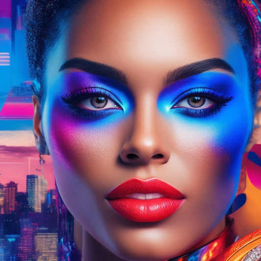 A stylized illustration of a dancer's face with vibrant, bold makeup, surrounded by overlapping screens displaying social media and website icons, with a subtle cityscape or studio background.