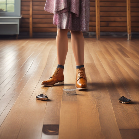 A whimsical illustration of a person in a classic tap dance pose, standing on a plywood floor with wooden planks and visible grain, surrounded by scattered tap shoes and music notes.