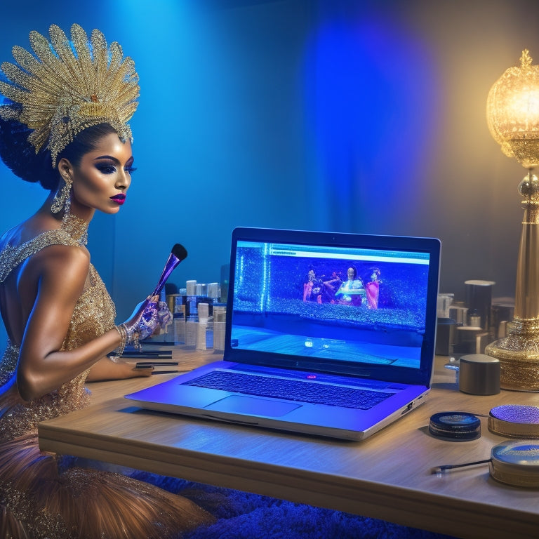 A glamorous, spotlit dancer in a flowing costume, surrounded by makeup brushes, palettes, and mirrors, with a laptop open to an online course website in the foreground.