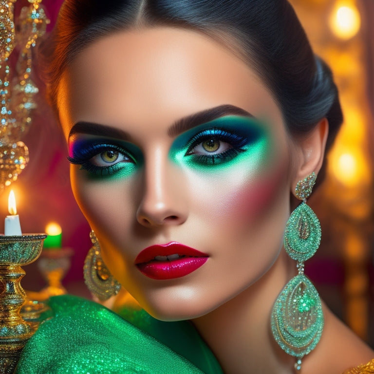 A glamorous model with bold, neon-green eyeshadow and luscious lashes, adorned with diamond-studded false eyelids, posing in a lavish, velvet-draped setting amidst sparkling chandeliers and candelabras.