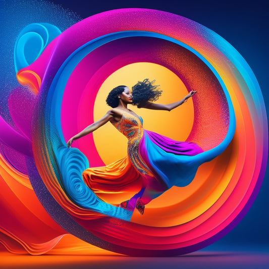 A stylized illustration of a dancing figure surrounded by swirling shapes and vibrant colors, with a subtle outline of a logo in the background, blending movement and creativity.