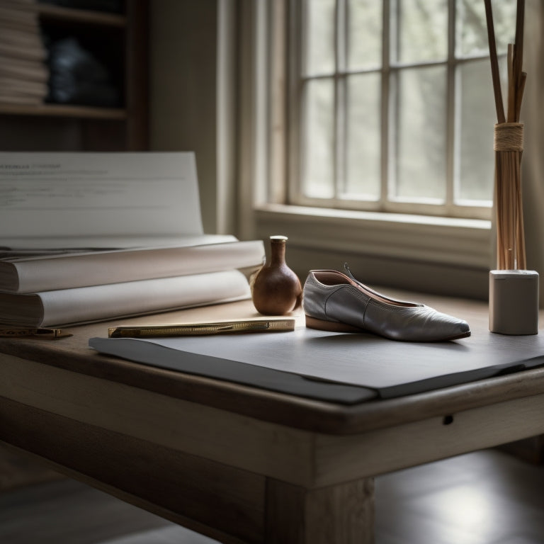 A ballet studio with a wooden barre, measuring tape, and a small notebook with a pencil, surrounded by ballet shoes, with soft, natural light and a blurred background.