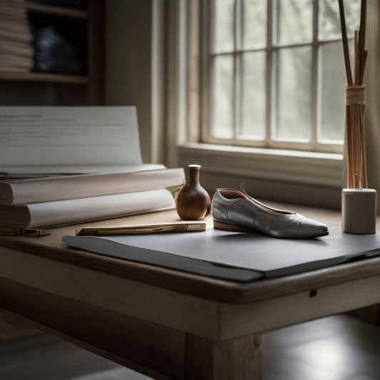 A ballet studio with a wooden barre, measuring tape, and a small notebook with a pencil, surrounded by ballet shoes, with soft, natural light and a blurred background.