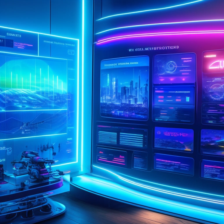 A futuristic sales dashboard with holographic charts and graphs, surrounded by robotic assistants and virtual reality headsets, with a subtle cityscape background and neon lights reflecting off a sleek, metallic surface.