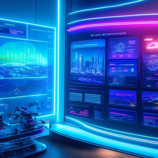 A futuristic sales dashboard with holographic charts and graphs, surrounded by robotic assistants and virtual reality headsets, with a subtle cityscape background and neon lights reflecting off a sleek, metallic surface.