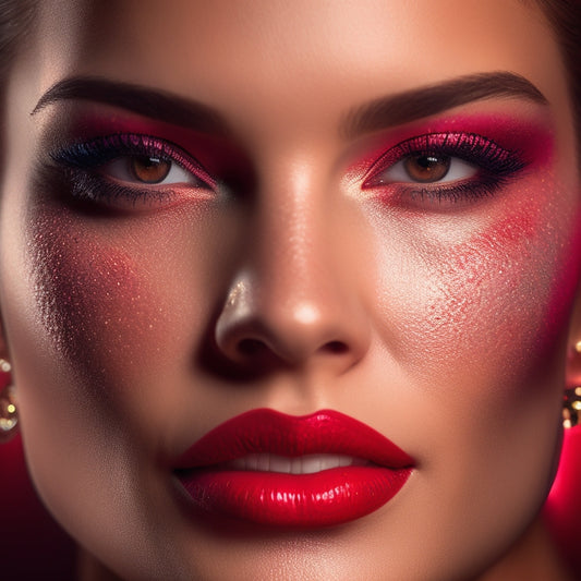 A spotlight shines on a dramatic, close-up portrait of a performer's face, with bold, bright makeup, glittering false lashes, and a bold, red lip, set against a dark, velvety background.